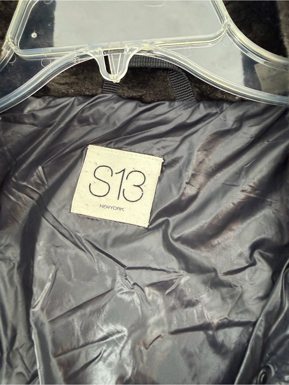 S13 Shiny Quilted Puffer Jacket with Faux Fur Collar - Black - Picture 3 of 7